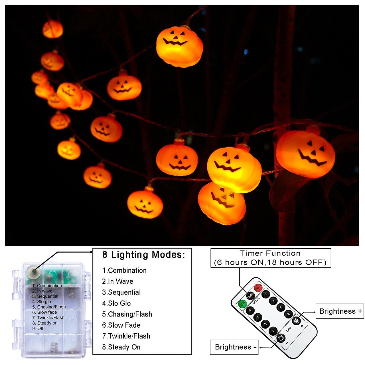 Halloween Pumpkin String Lights, 30 LED 16.4 FT 8 Modes Timer 3D Waterproof Orange Jack-O-Lantern Battery Operated Decorative Twinkle Lights for Indoor Bedroom Camper Decor Party Decorations